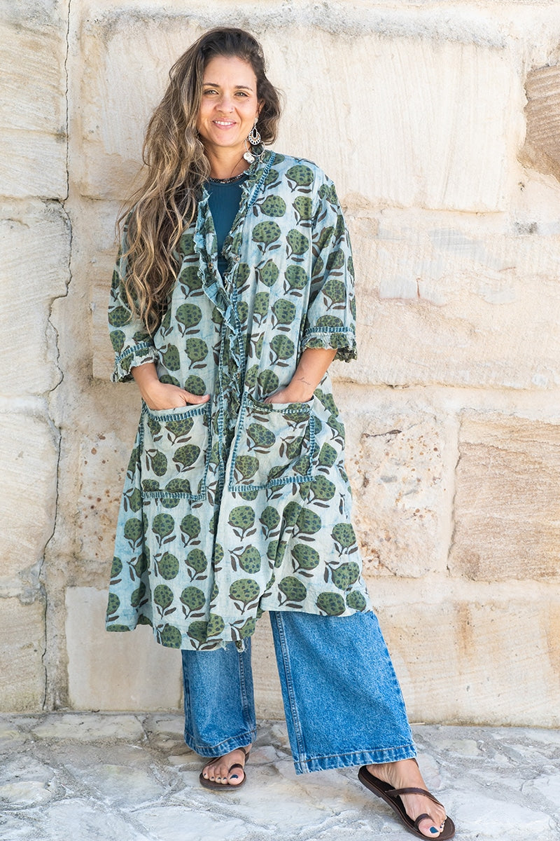 Womens, Shimla Coat, 7/8 sleeve, 100% cotton, hand block print. In natural green and blue - Naspal Figaris print