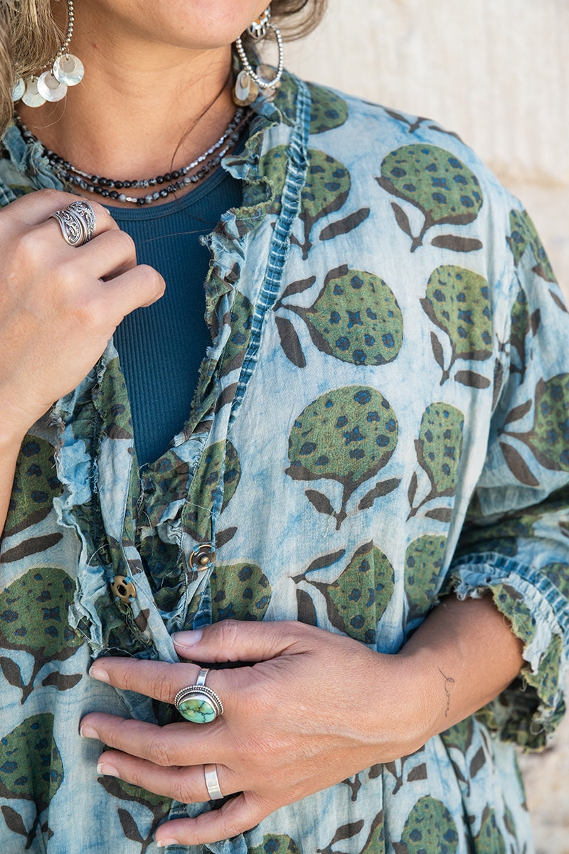 Womens, Shimla Coat, 7/8 sleeve, 100% cotton, hand block print. In natural green and blue - Naspal Figaris print
