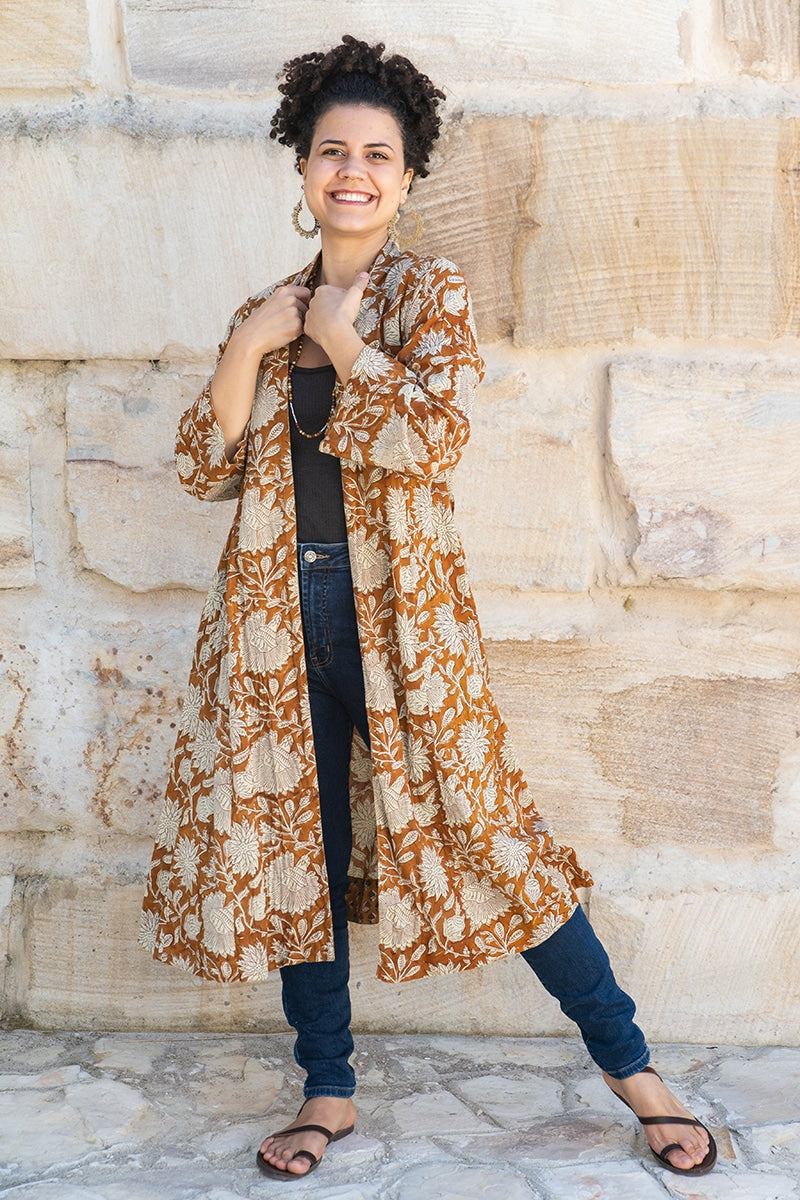 Womens, Tula Coat, full sleeve, 100% cotton, hand block print. In copper brown - Masala print