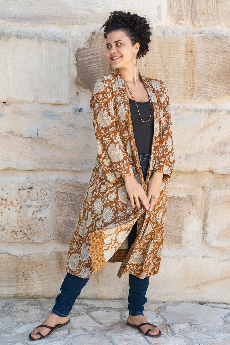 Womens, Tula Coat, full sleeve, 100% cotton, hand block print. In copper brown - Masala print