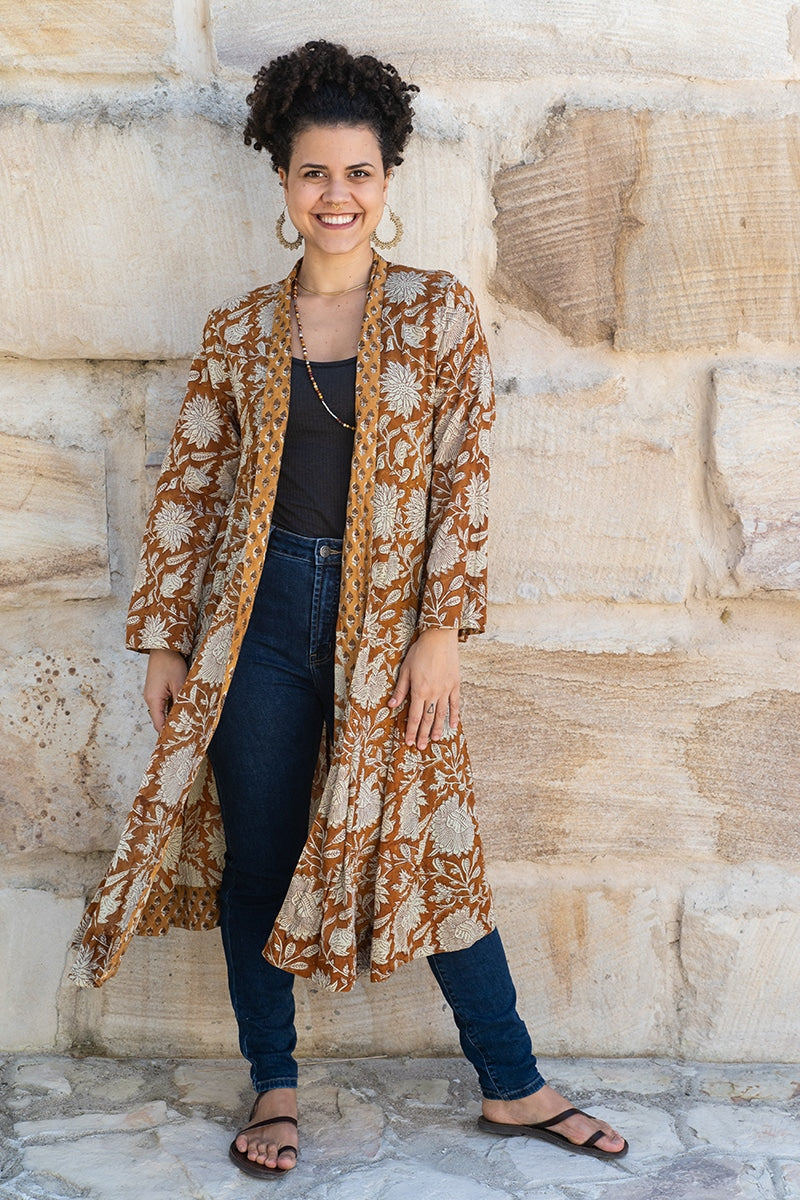 Womens, Tula Coat, full sleeve, 100% cotton, hand block print. In copper brown - Masala print
