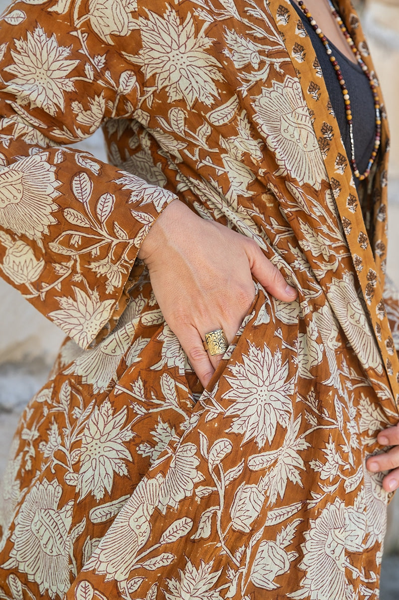 Womens, Tula Coat, full sleeve, 100% cotton, hand block print. In copper brown - Masala print