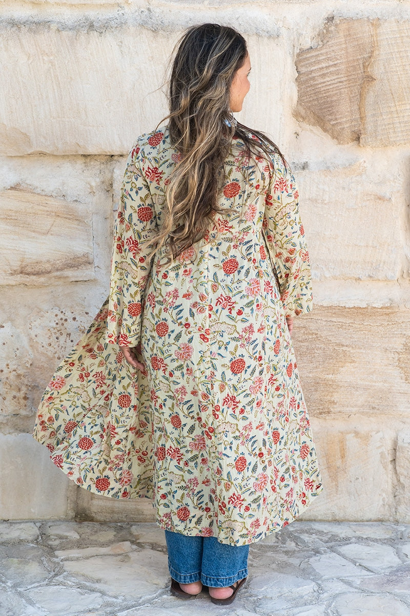 Womens, Tula Coat, full sleeve, 100% cotton, hand block print. In sepia floral - Rumi print.