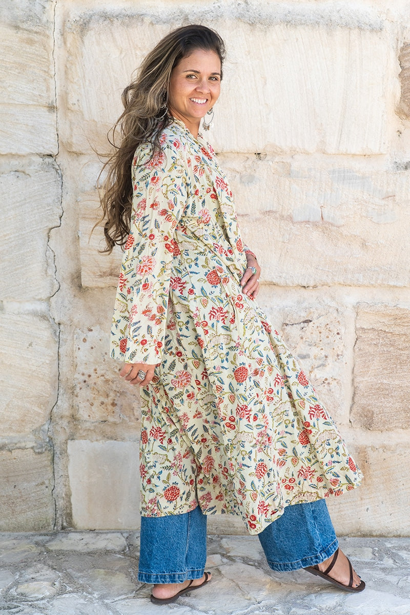 Womens, Tula Coat, full sleeve, 100% cotton, hand block print. In sepia floral - Rumi print.