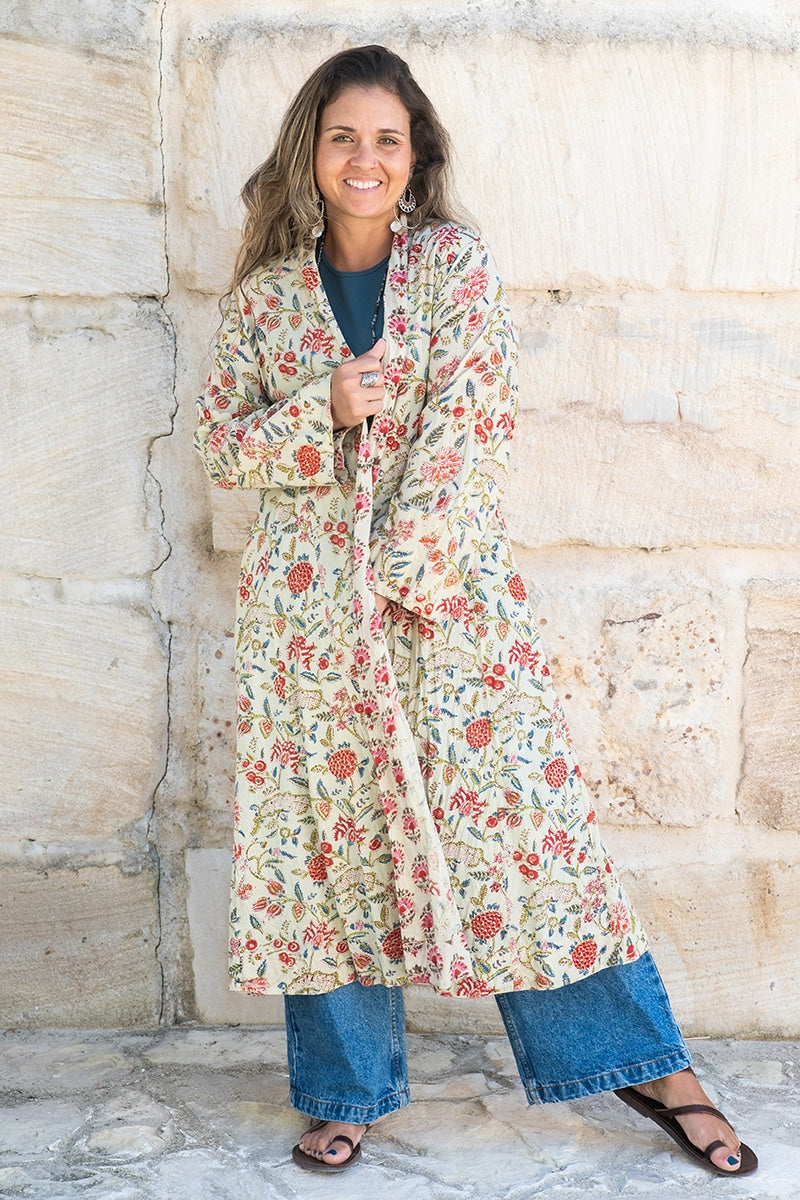 Womens, Tula Coat, full sleeve, 100% cotton, hand block print. In sepia floral - Rumi print.
