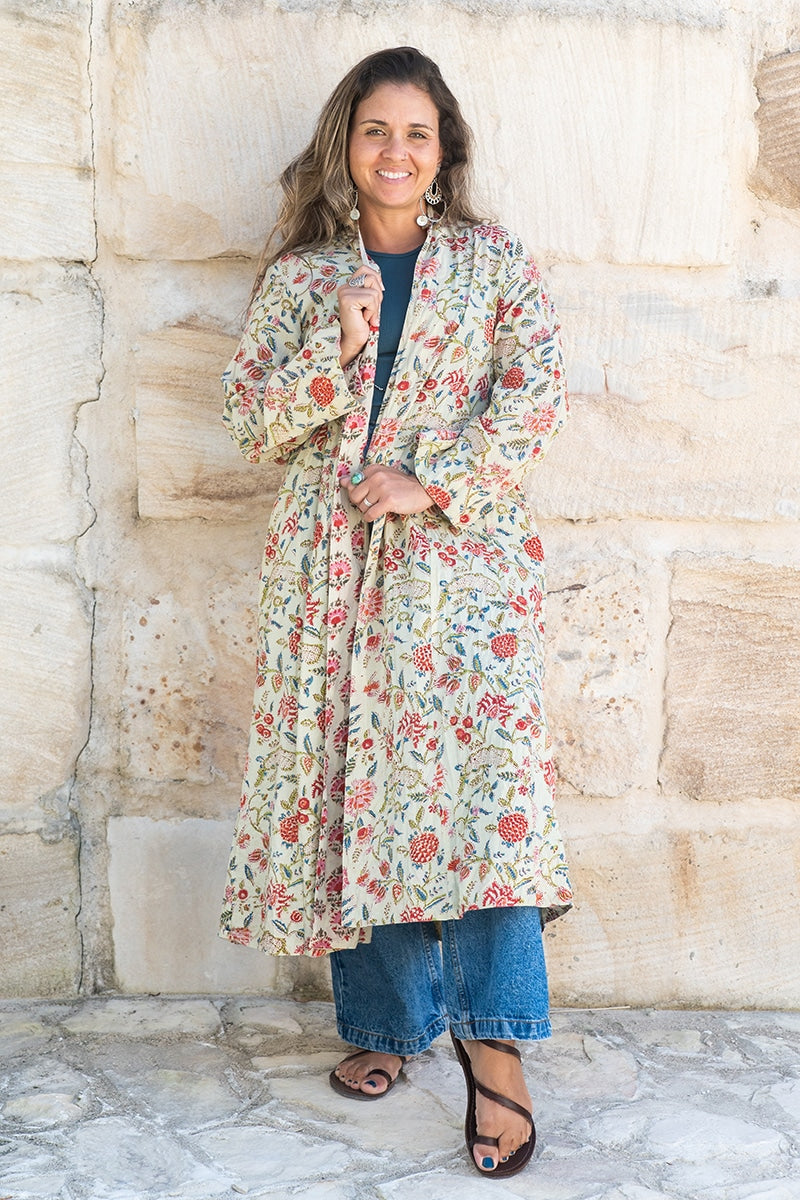 Womens, Tula Coat, full sleeve, 100% cotton, hand block print. In sepia floral - Rumi print.