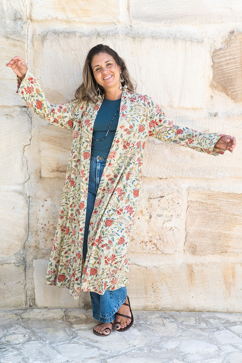 Womens, Tula Coat, full sleeve, 100% cotton, hand block print. In sepia floral - Rumi print.
