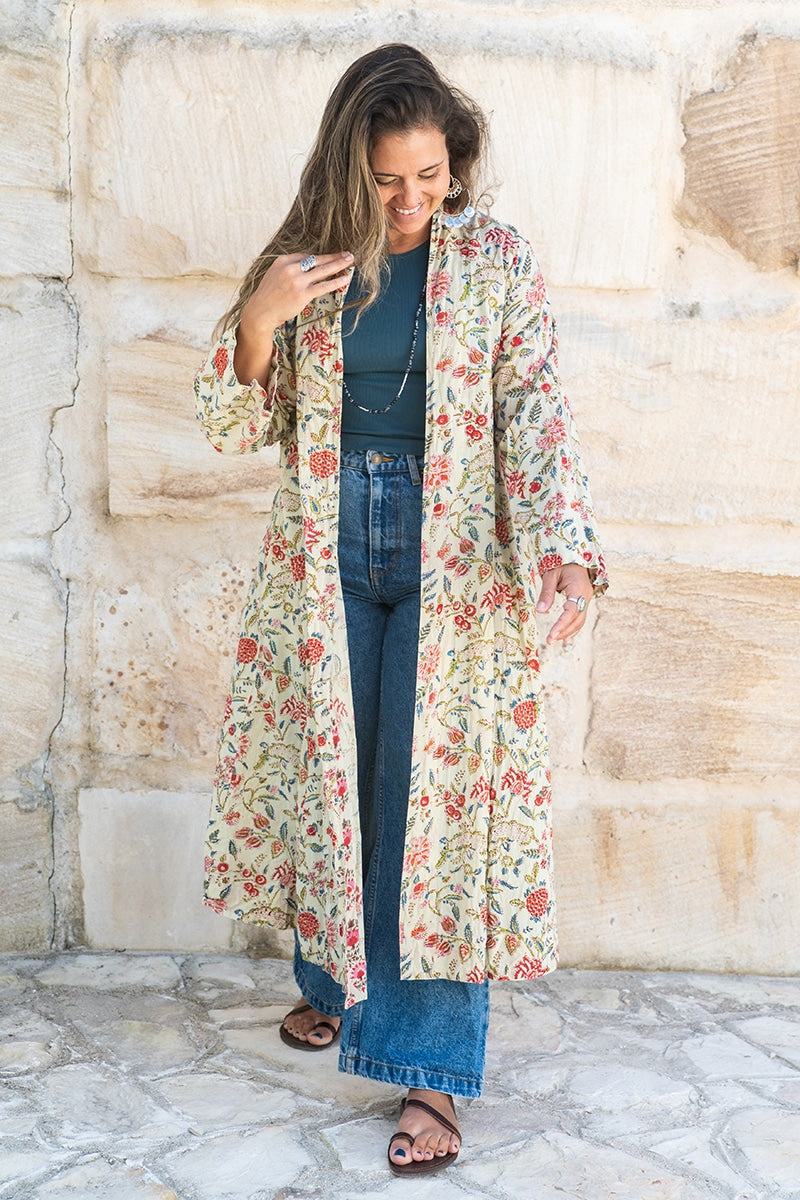 Womens, Tula Coat, full sleeve, 100% cotton, hand block print. In sepia floral - Rumi print.
