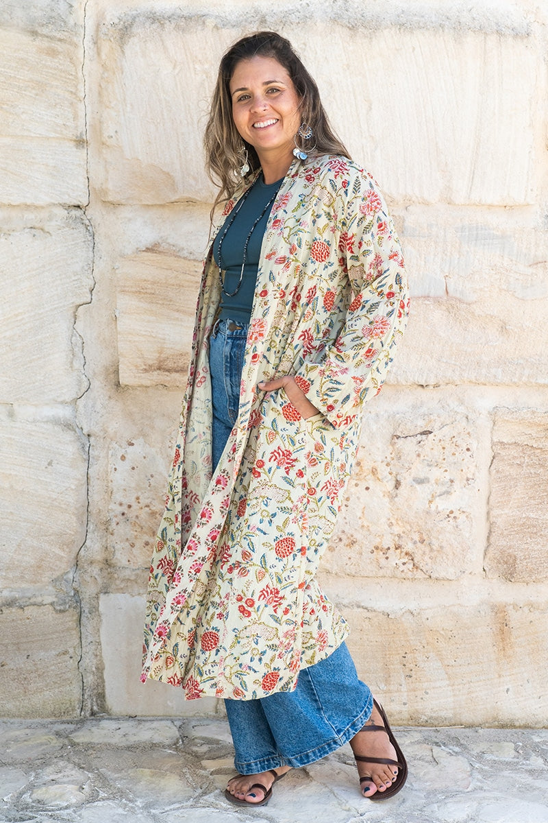 Womens, Tula Coat, full sleeve, 100% cotton, hand block print. In sepia floral - Rumi print.