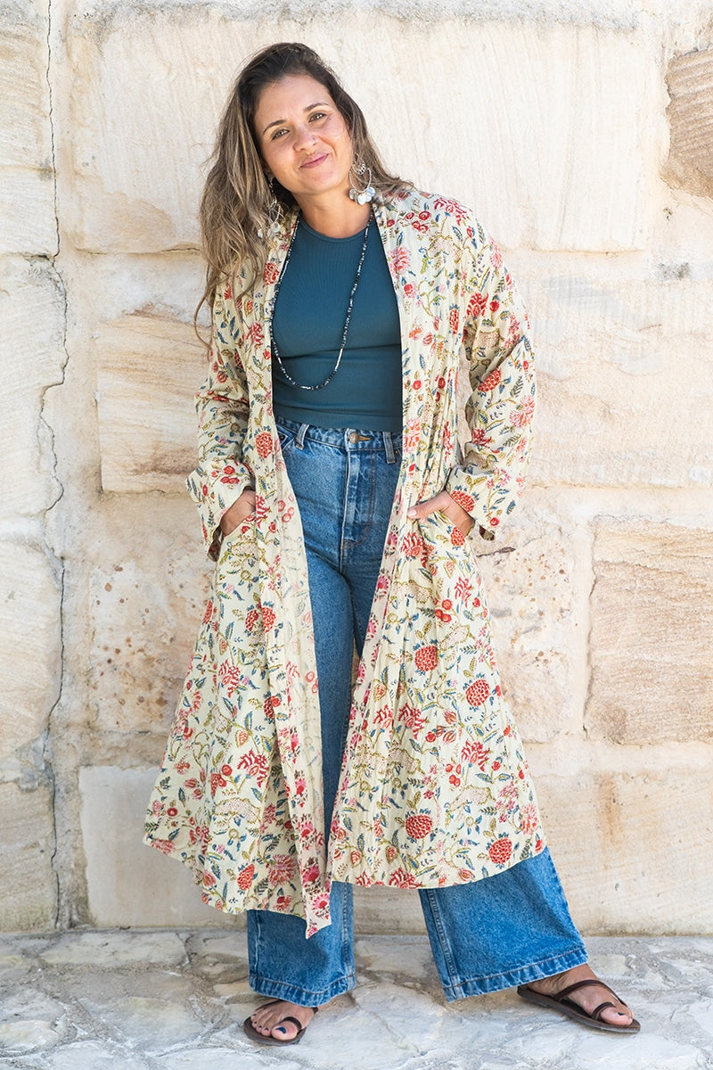 Womens, Tula Coat, full sleeve, 100% cotton, hand block print. In sepia floral - Rumi print.