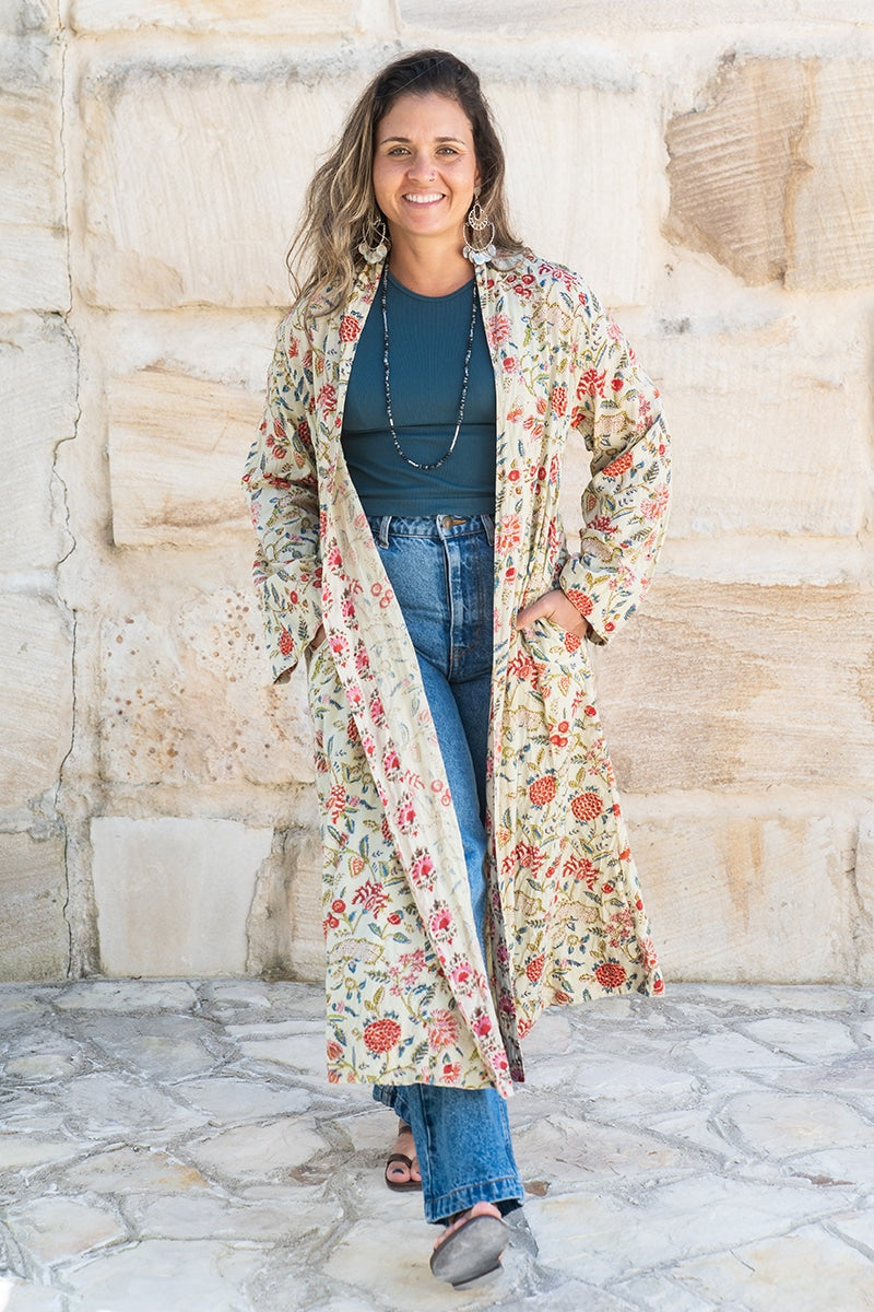 Womens, Tula Coat, full sleeve, 100% cotton, hand block print. In sepia floral - Rumi print.