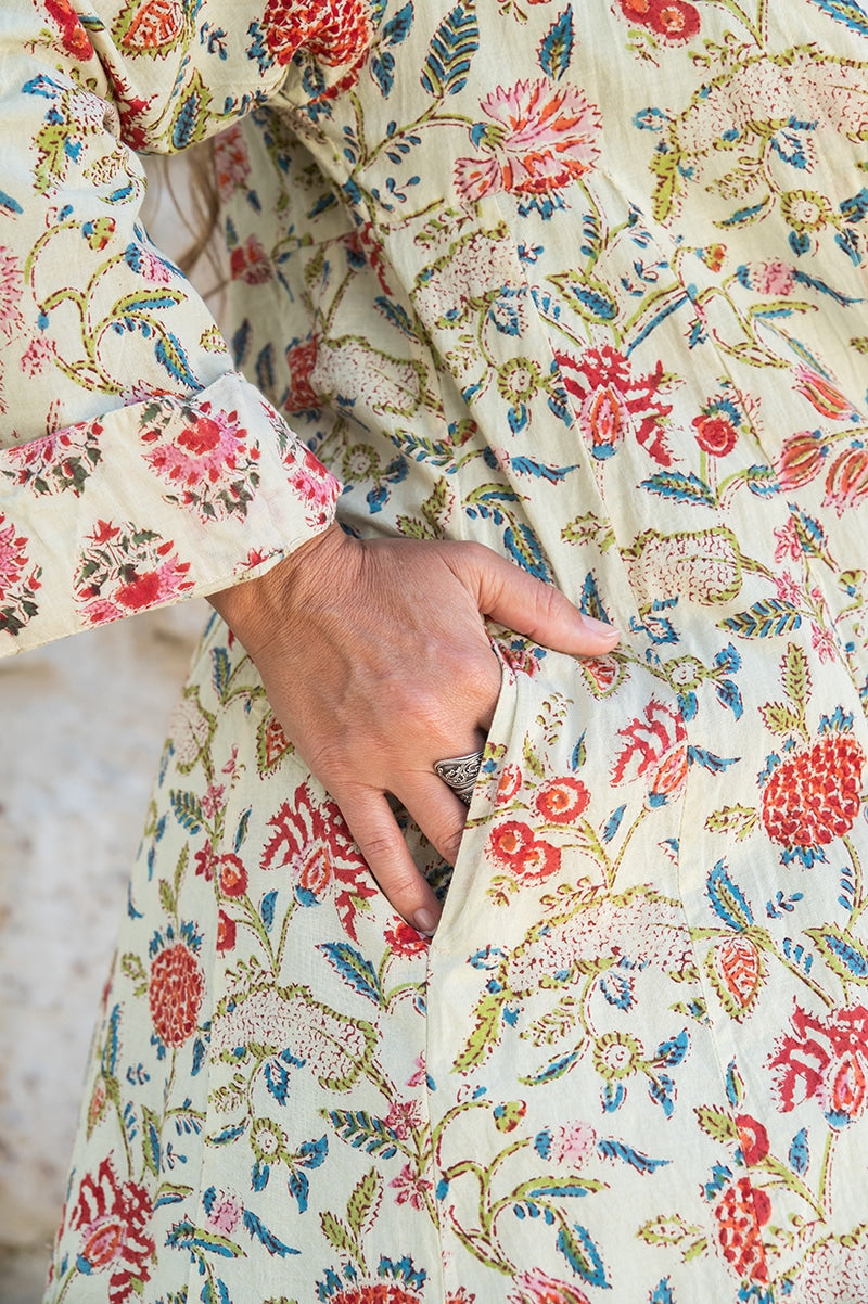 Womens, Tula Coat, full sleeve, 100% cotton, hand block print. In sepia floral - Rumi print.