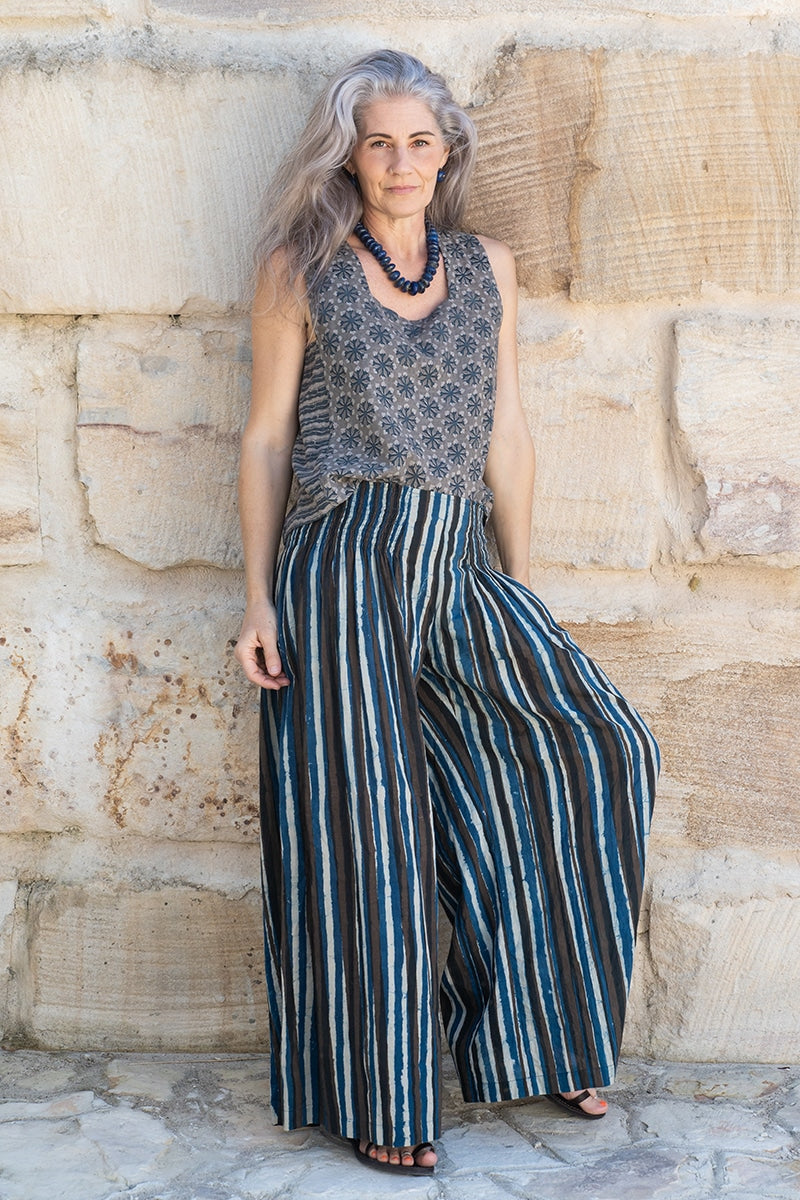 Womens, Lola blouse, sleevesless, & Apanna Pants, 100% cotton, hand block print. In Dandelion & Indigo Terra print
