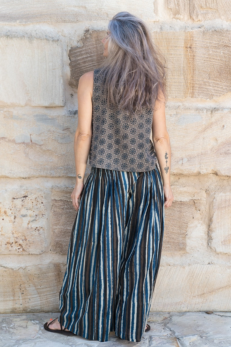 Womens, Lola blouse, sleevesless, & Apanna Pants, 100% cotton, hand block print. In Dandelion & Indigo Terra print