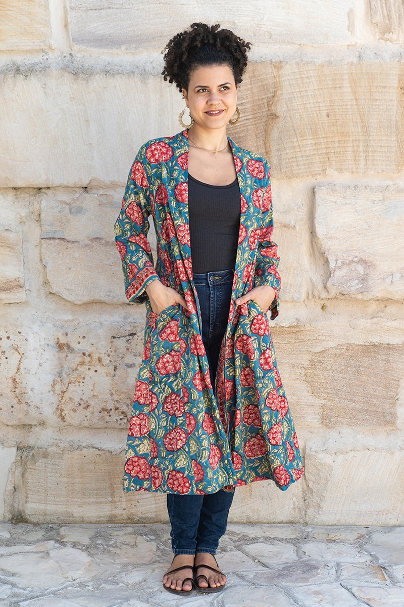 Womens, Tula Coat, full sleeve, 100% cotton, hand block print. In vibrant turquoise & coral hydrangea print - Bellisse