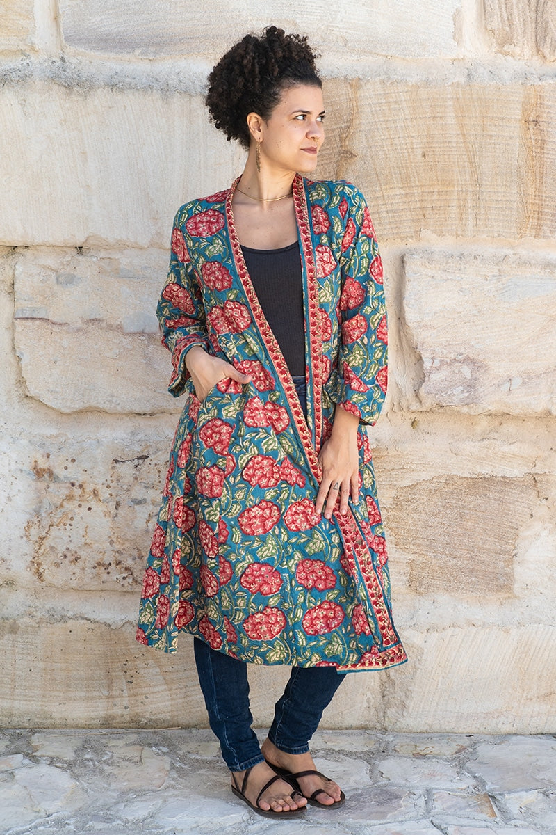 Womens, Tula Coat, full sleeve, 100% cotton, hand block print. In vibrant turquoise & coral hydrangea print - Bellisse
