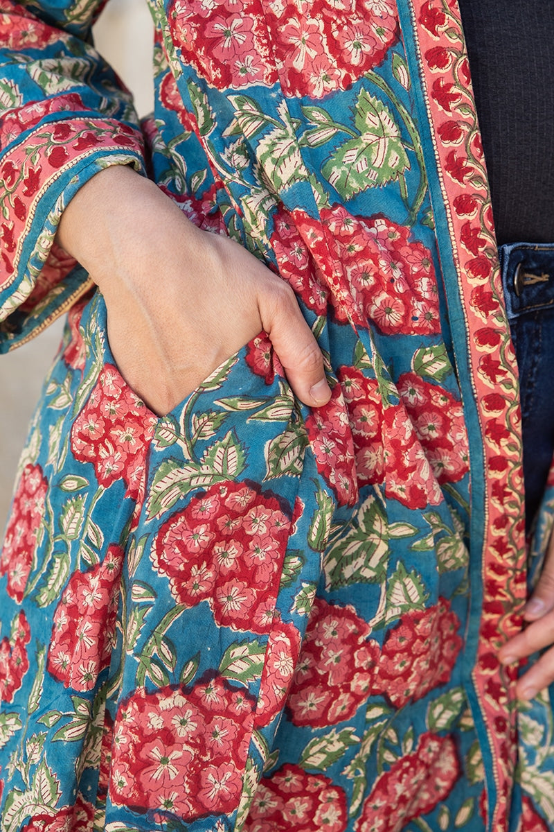 Womens, Tula Coat, full sleeve, 100% cotton, hand block print. In vibrant turquoise & coral hydrangea print - Bellisse