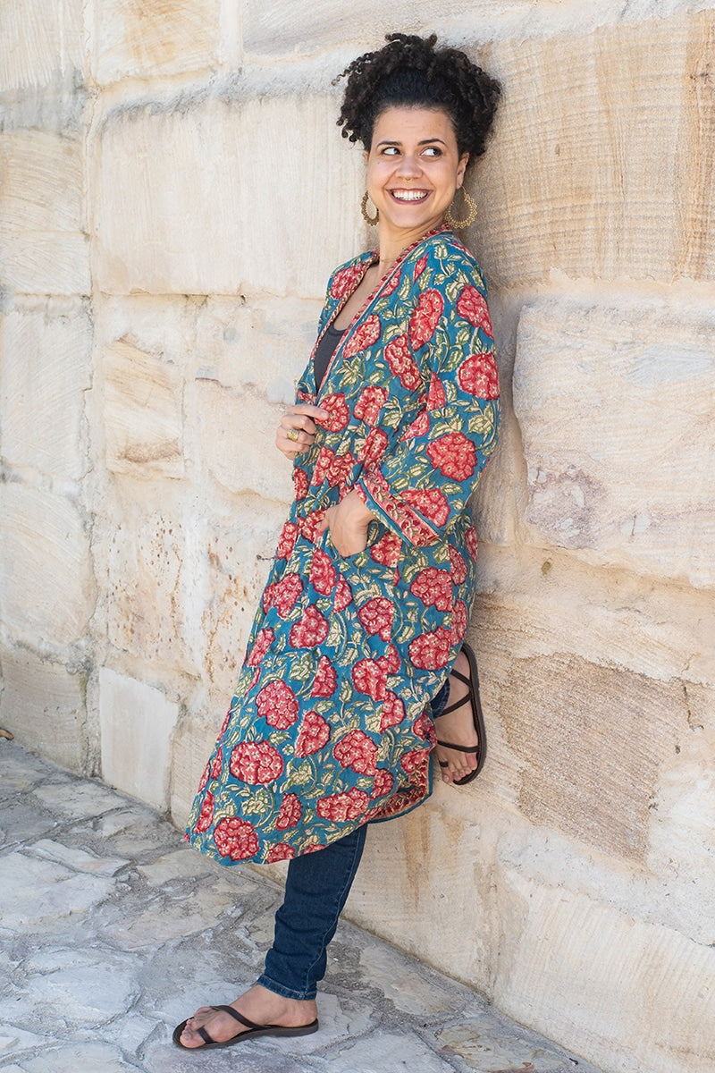 Womens, Tula Coat, full sleeve, 100% cotton, hand block print. In vibrant turquoise & coral hydrangea print - Bellisse