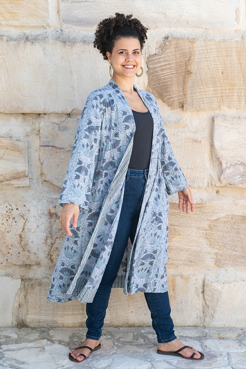 Womens, Tula Coat, full sleeve, 100% cotton, hand block print. In soft grey blue tones - Kamala
