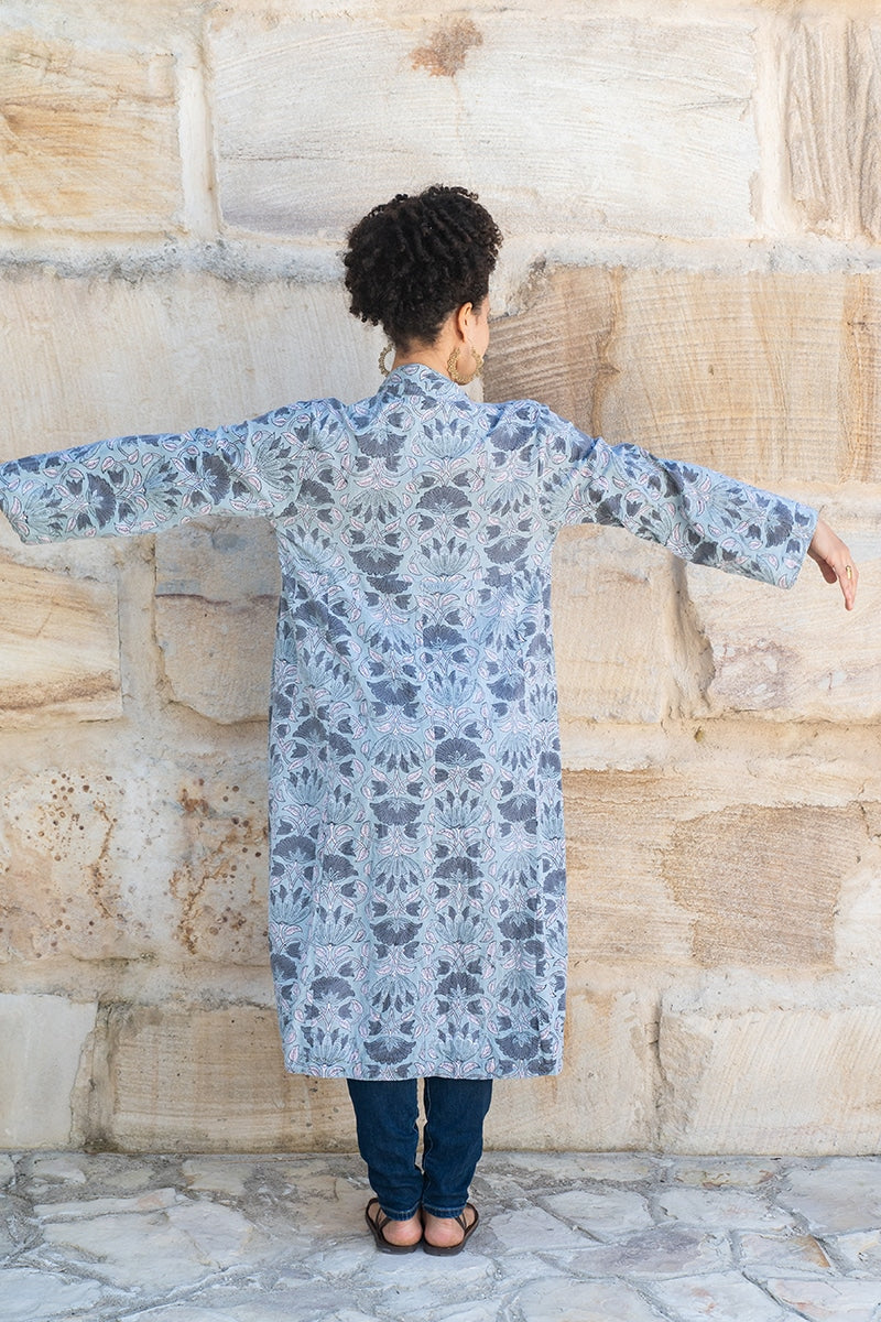 Womens, Tula Coat, full sleeve, 100% cotton, hand block print. In soft grey blue tones - Kamala