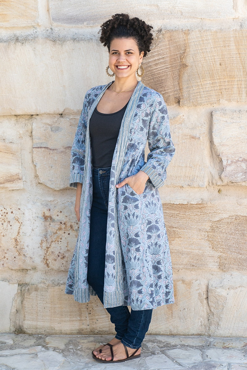 Womens, Tula Coat, full sleeve, 100% cotton, hand block print. In soft grey blue tones - Kamala