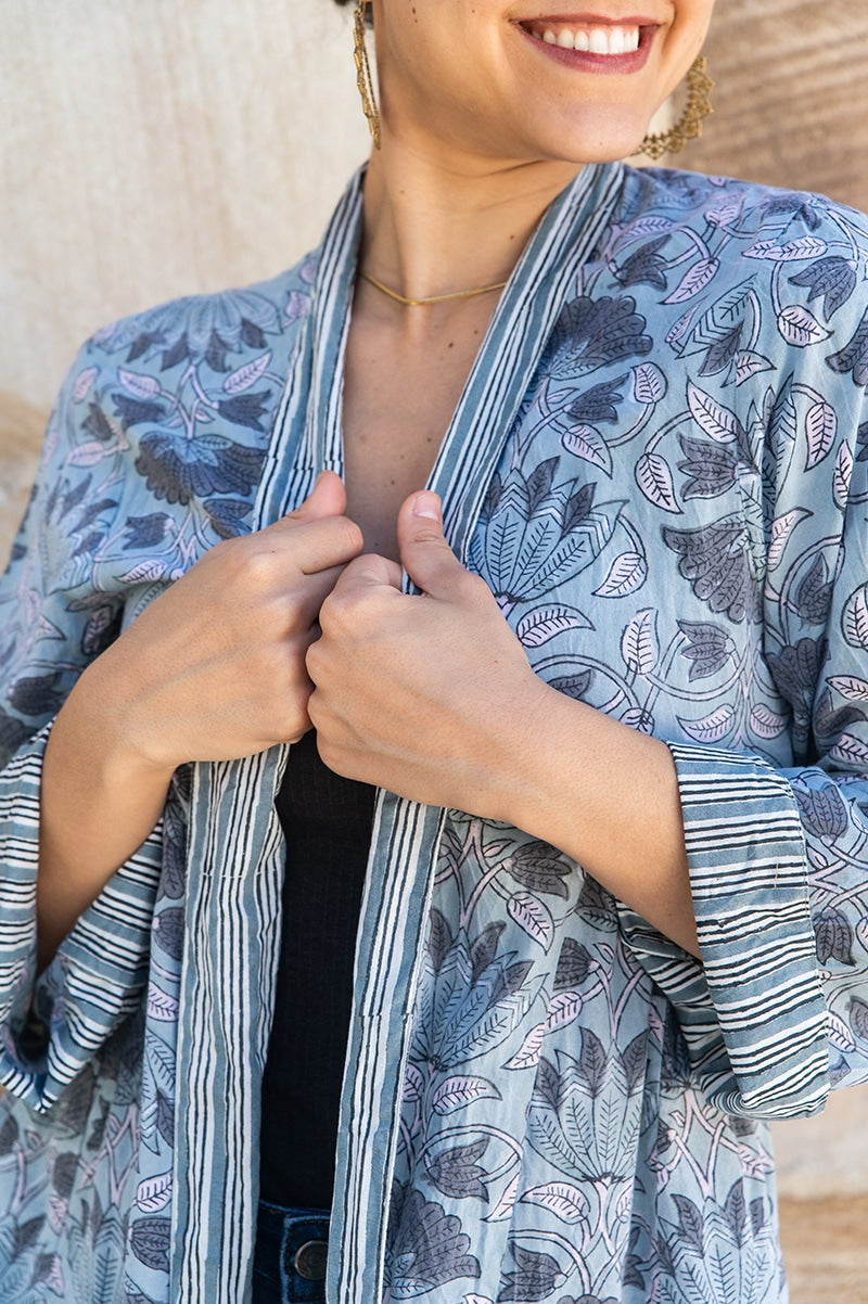 Womens, Tula Coat, full sleeve, 100% cotton, hand block print. In soft grey blue tones - Kamala