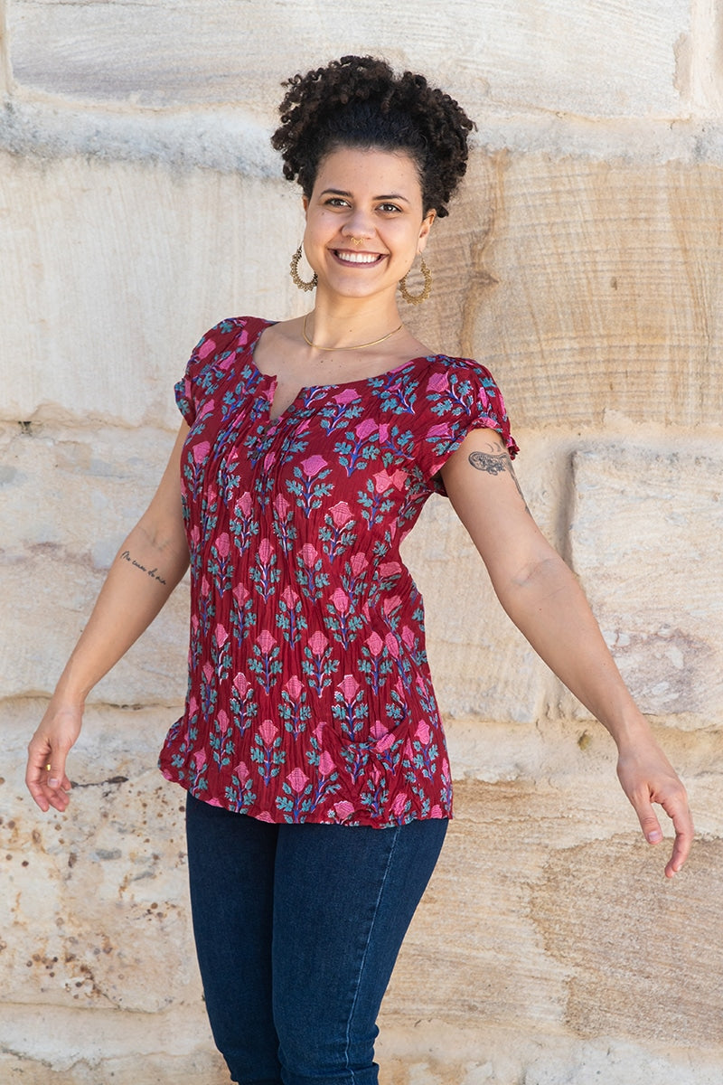 Womens, Sundra blouse, cap sleeves, 100% cotton, hand block print. In vibrant red - Ruby Veda