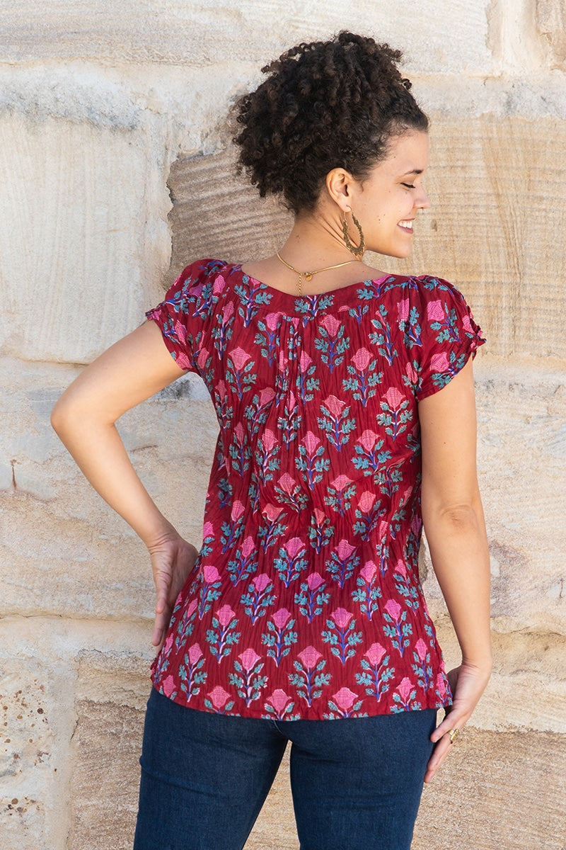Womens, Sundra blouse, cap sleeves, 100% cotton, hand block print. In vibrant red - Ruby Veda