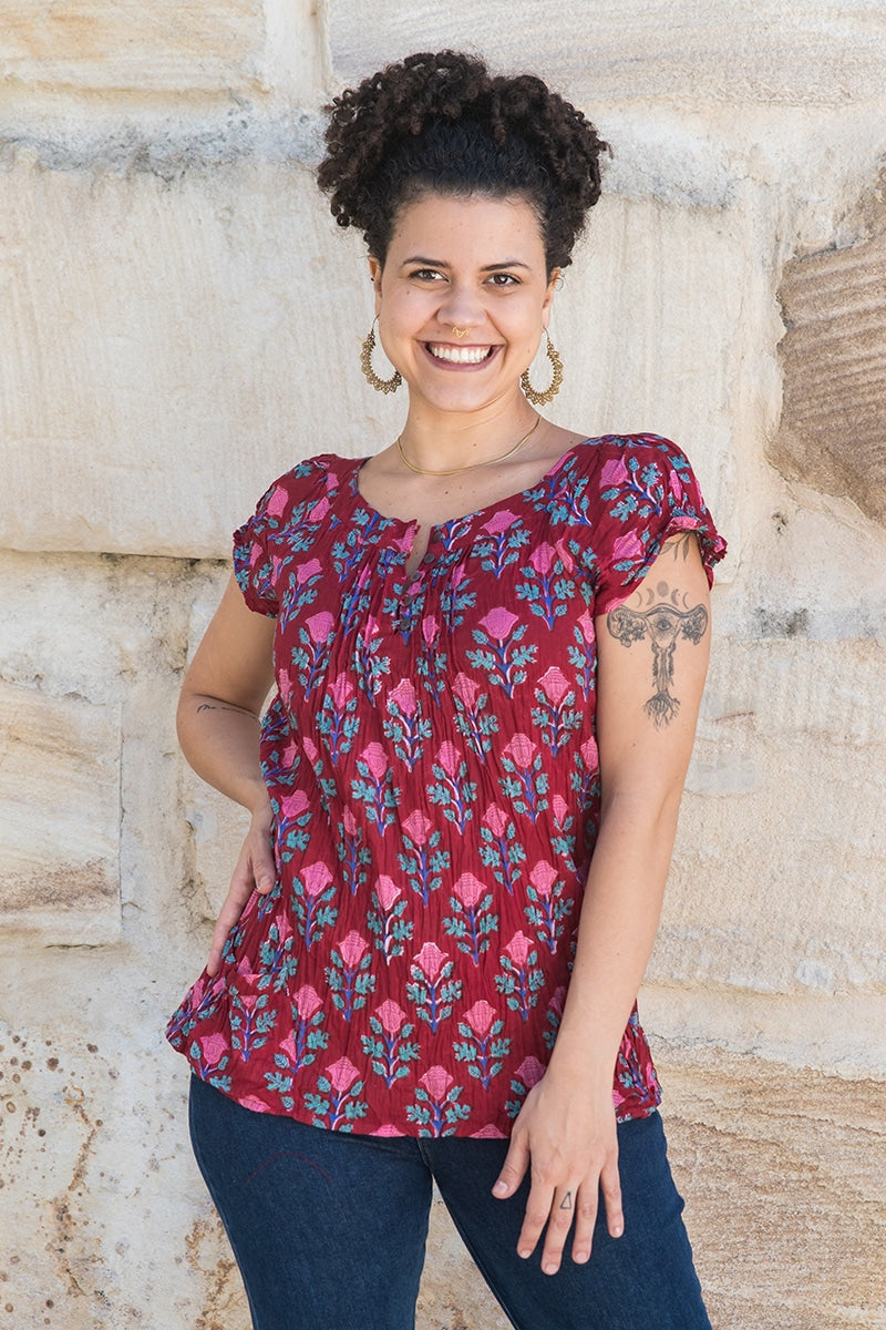 Womens, Sundra blouse, cap sleeves, 100% cotton, hand block print. In vibrant red - Ruby Veda