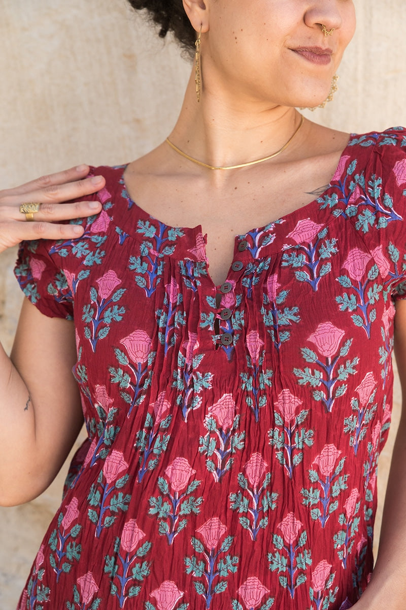 Womens, Sundra blouse, cap sleeves, 100% cotton, hand block print. In vibrant red - Ruby Veda