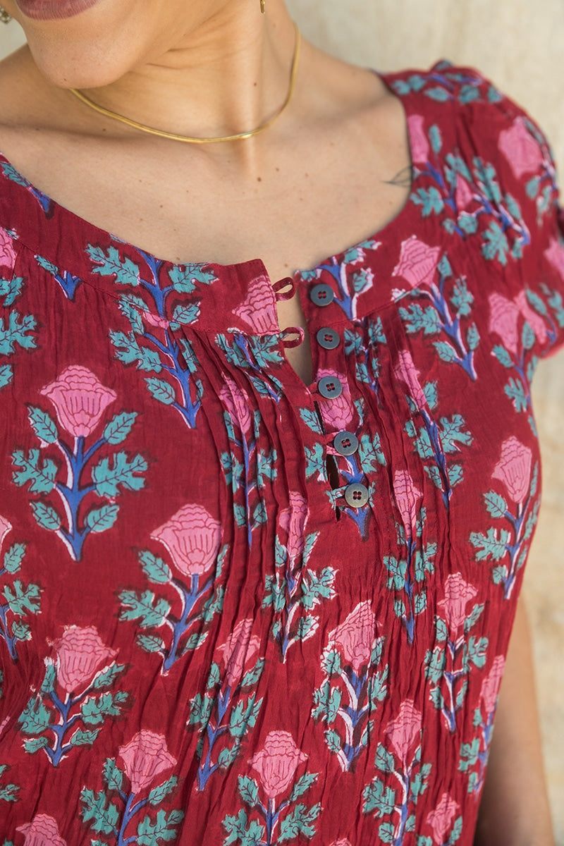 Womens, Sundra blouse, cap sleeves, 100% cotton, hand block print. In vibrant red - Ruby Veda