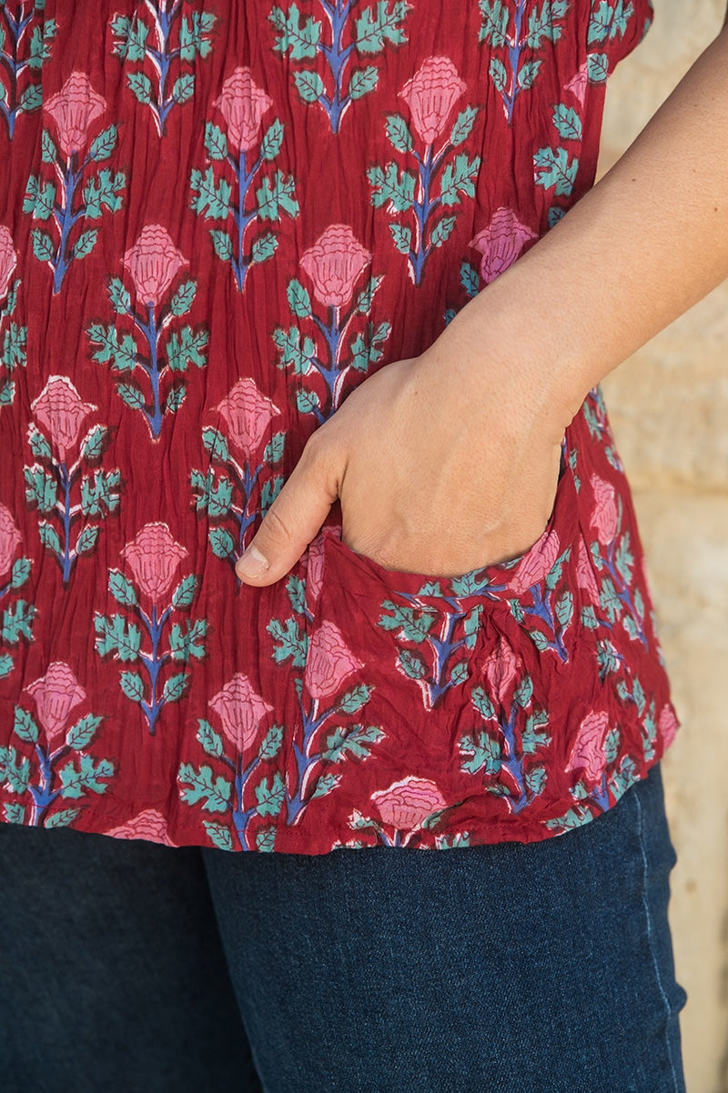 Womens, Sundra blouse, cap sleeves, 100% cotton, hand block print. In vibrant red - Ruby Veda