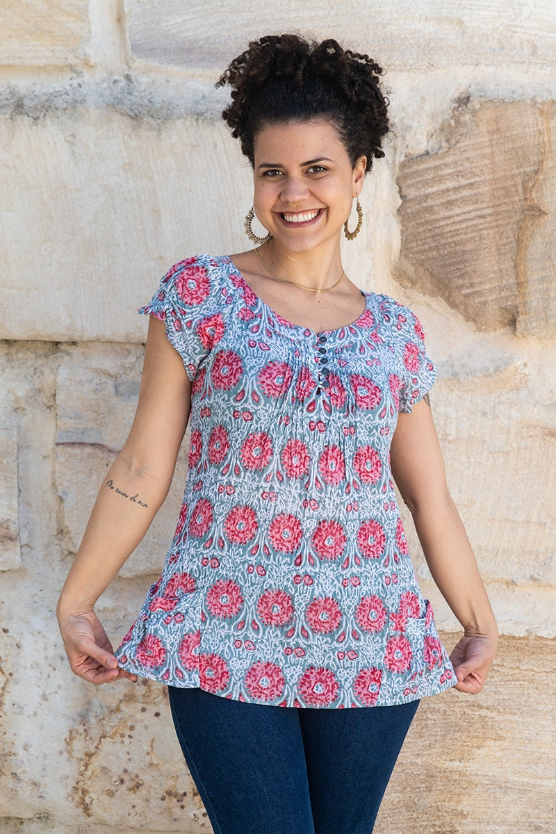 Womens, Sundra blouse, cap sleeves, 100% cotton, hand block print. In watermelon pink & grey - Floria