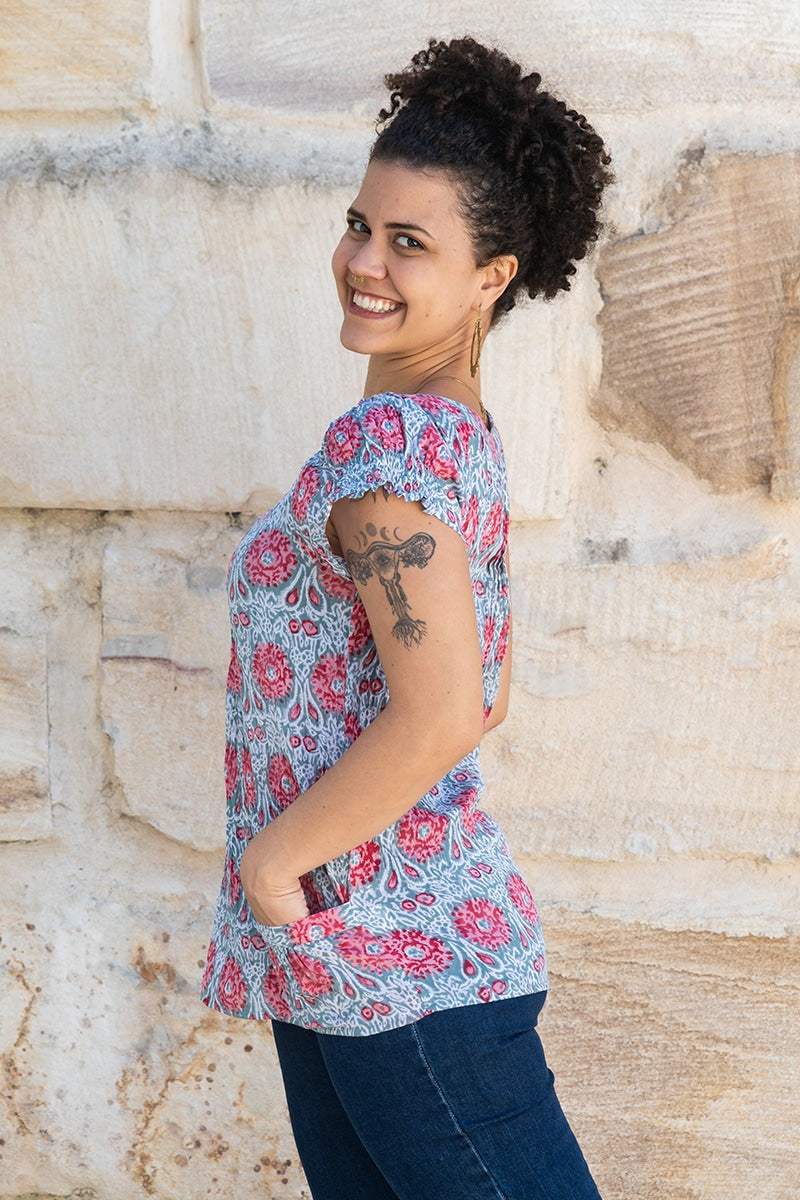 Womens, Sundra blouse, cap sleeves, 100% cotton, hand block print. In watermelon pink & grey - Floria