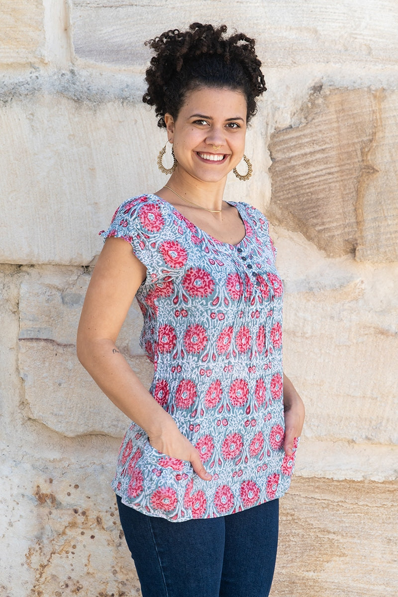 Womens, Sundra blouse, cap sleeves, 100% cotton, hand block print. In watermelon pink & grey - Floria