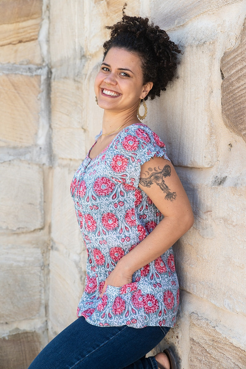 Womens, Sundra blouse, cap sleeves, 100% cotton, hand block print. In watermelon pin & grey - Floria