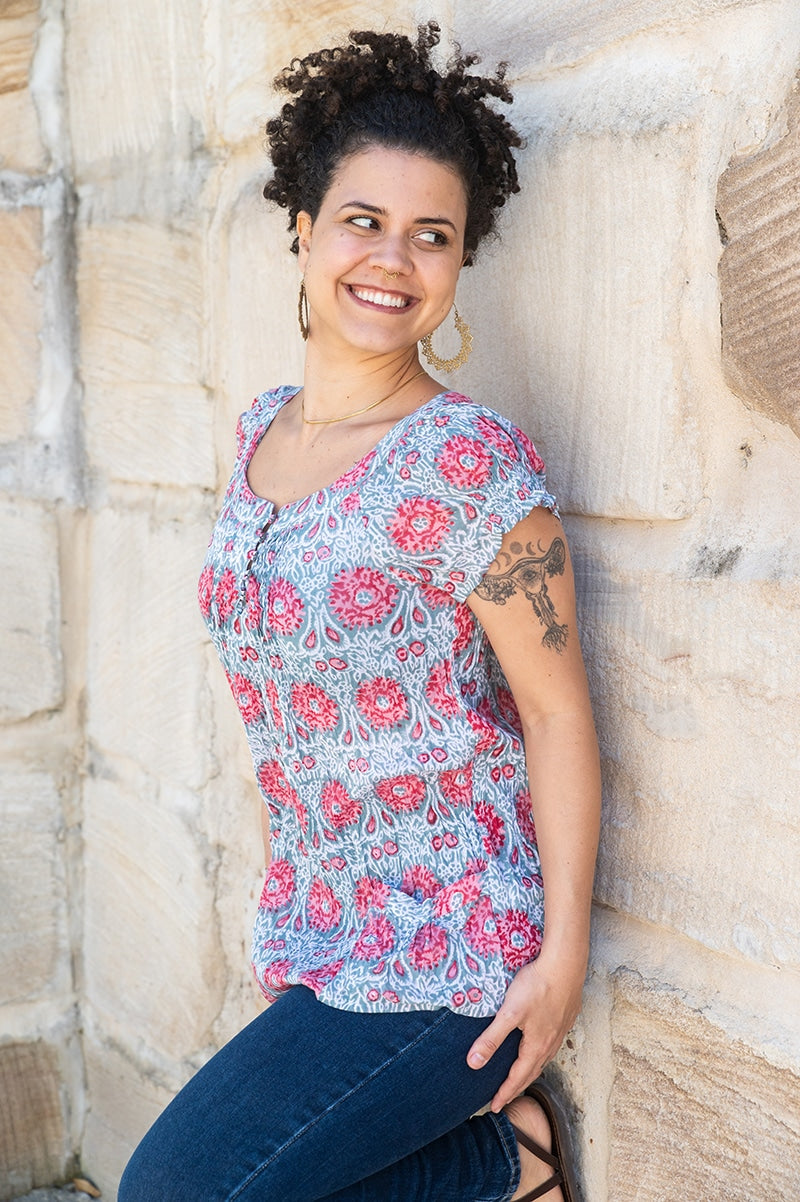 Womens, Sundra blouse, cap sleeves, 100% cotton, hand block print. In watermelon pink & grey - Floria
