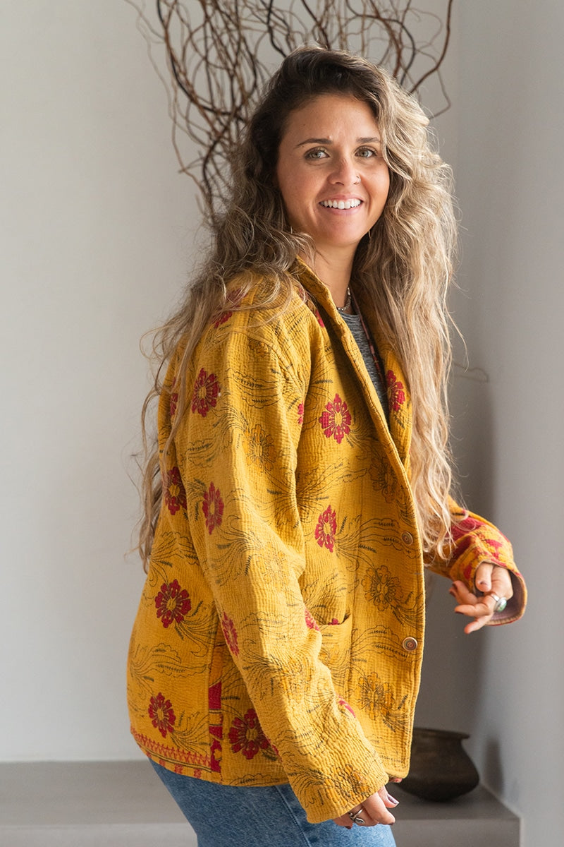 Womens Vintage Intrepid Kantha Jacket handmade from 100% cotton recycled fabrics in vibrant yellow Sofia