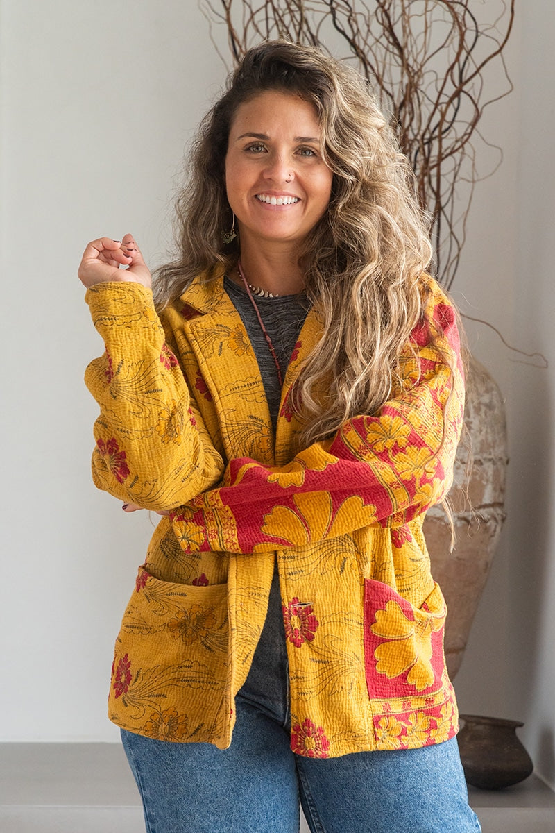 Womens Vintage Intrepid Kantha Jacket handmade from 100% cotton recycled fabrics in vibrant yellow Sofia