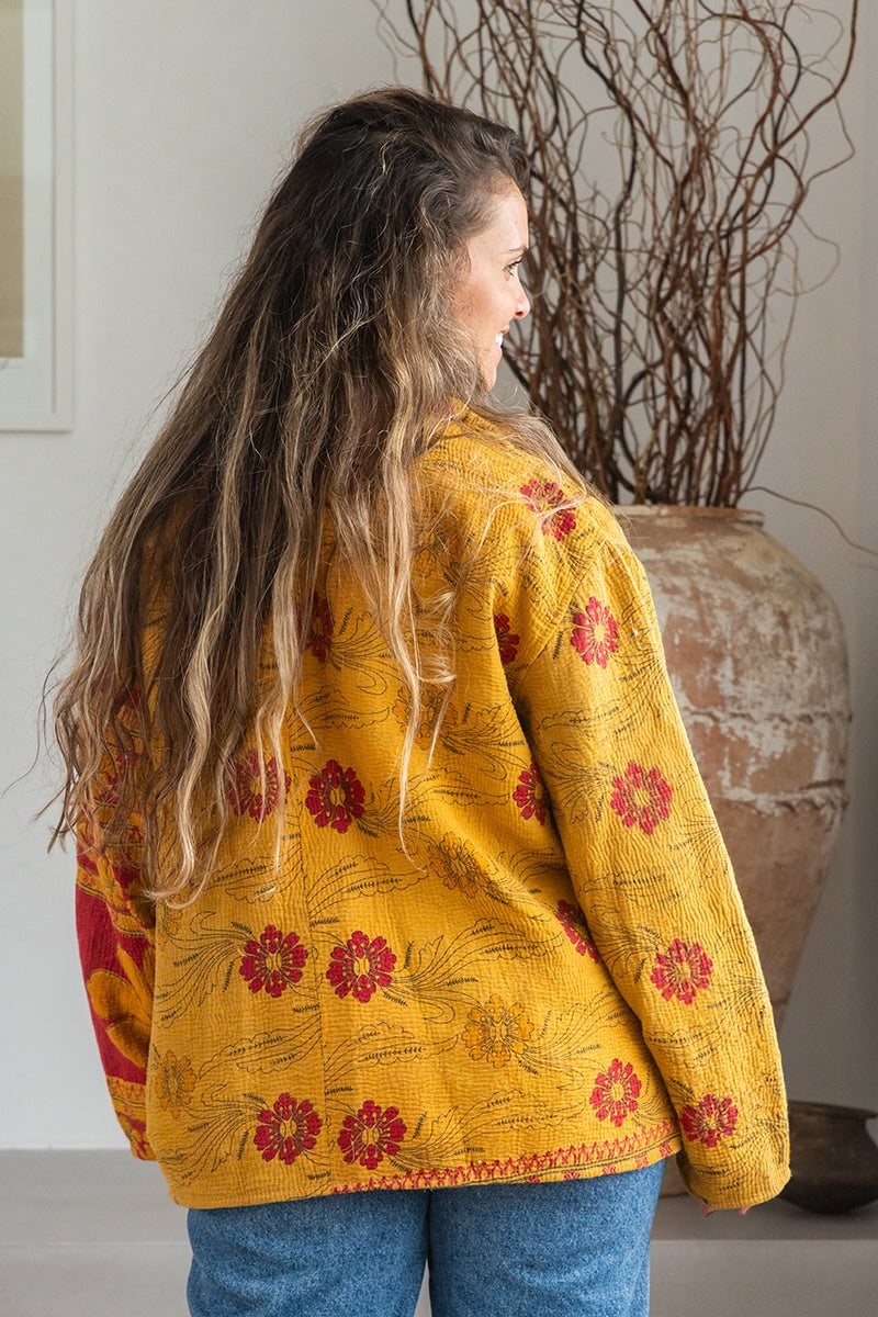 Womens Vintage Intrepid Kantha Jacket handmade from 100% cotton recycled fabrics in vibrant yellow Sofia