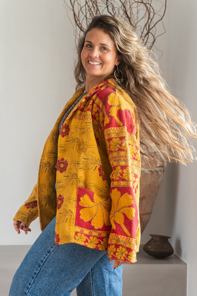 Womens Vintage Intrepid Kantha Jacket handmade from 100% cotton recycled fabrics in vibrant yellow Sofia