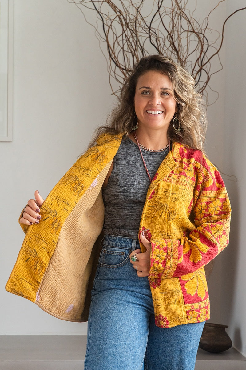Womens Vintage Intrepid Kantha Jacket handmade from 100% cotton recycled fabrics in vibrant yellow Sofia