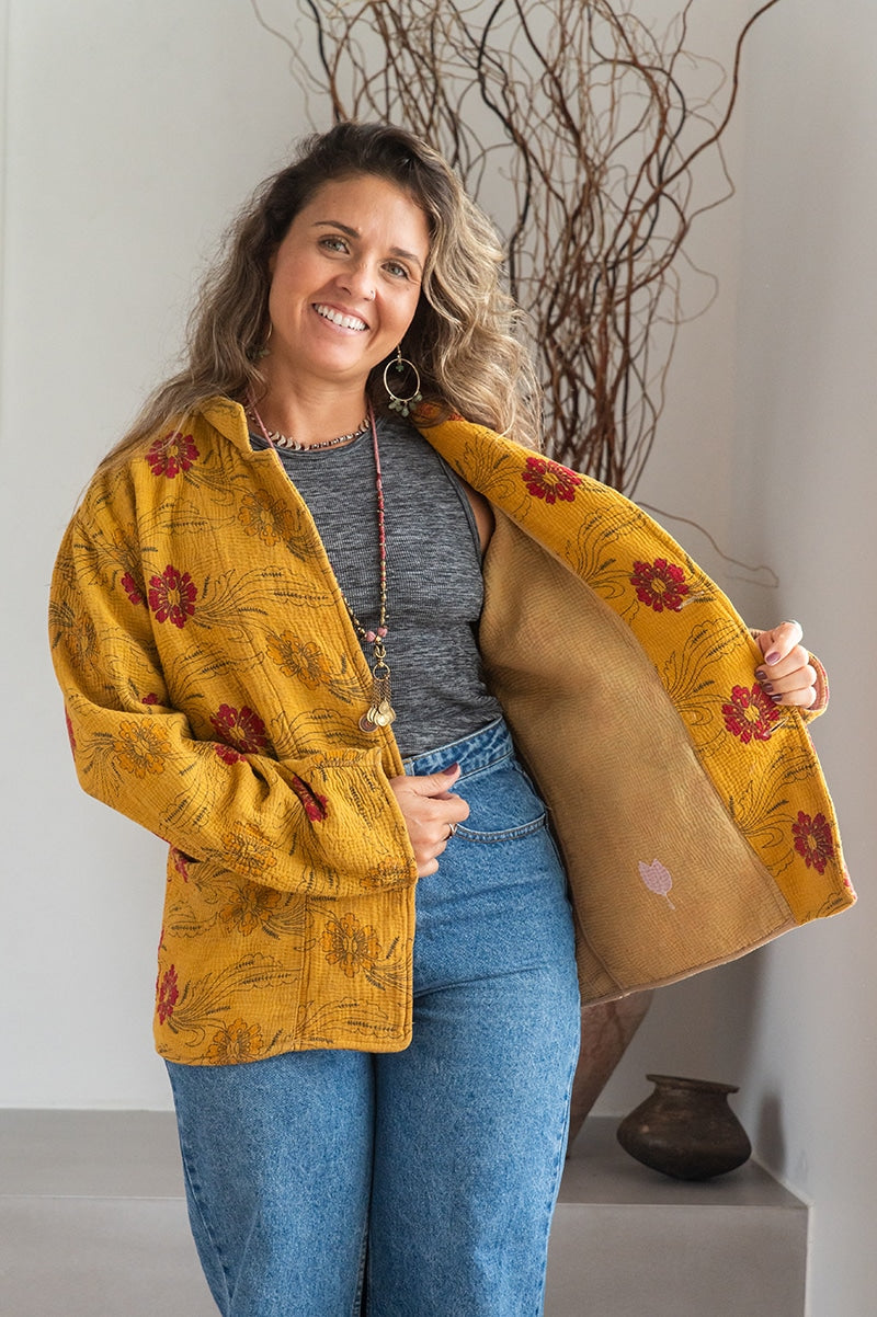 Womens Vintage Intrepid Kantha Jacket handmade from 100% cotton recycled fabrics in vibrant yellow Sofia