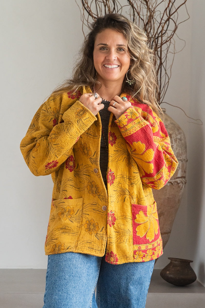 Womens Vintage Intrepid Kantha Jacket handmade from 100% cotton recycled fabrics in vibrant yellow Sofia
