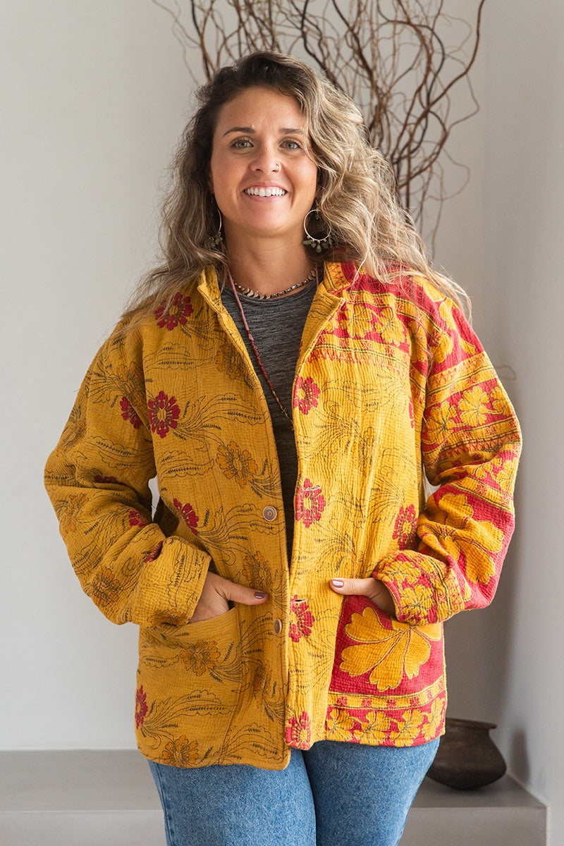 Womens Vintage Intrepid Kantha Jacket handmade from 100% cotton recycled fabrics in vibrant yellow Sofia