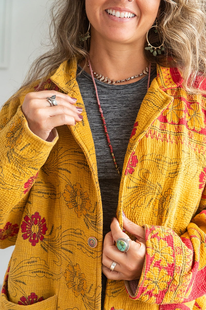 Womens Vintage Intrepid Kantha Jacket handmade from 100% cotton recycled fabrics in vibrant yellow Sofia