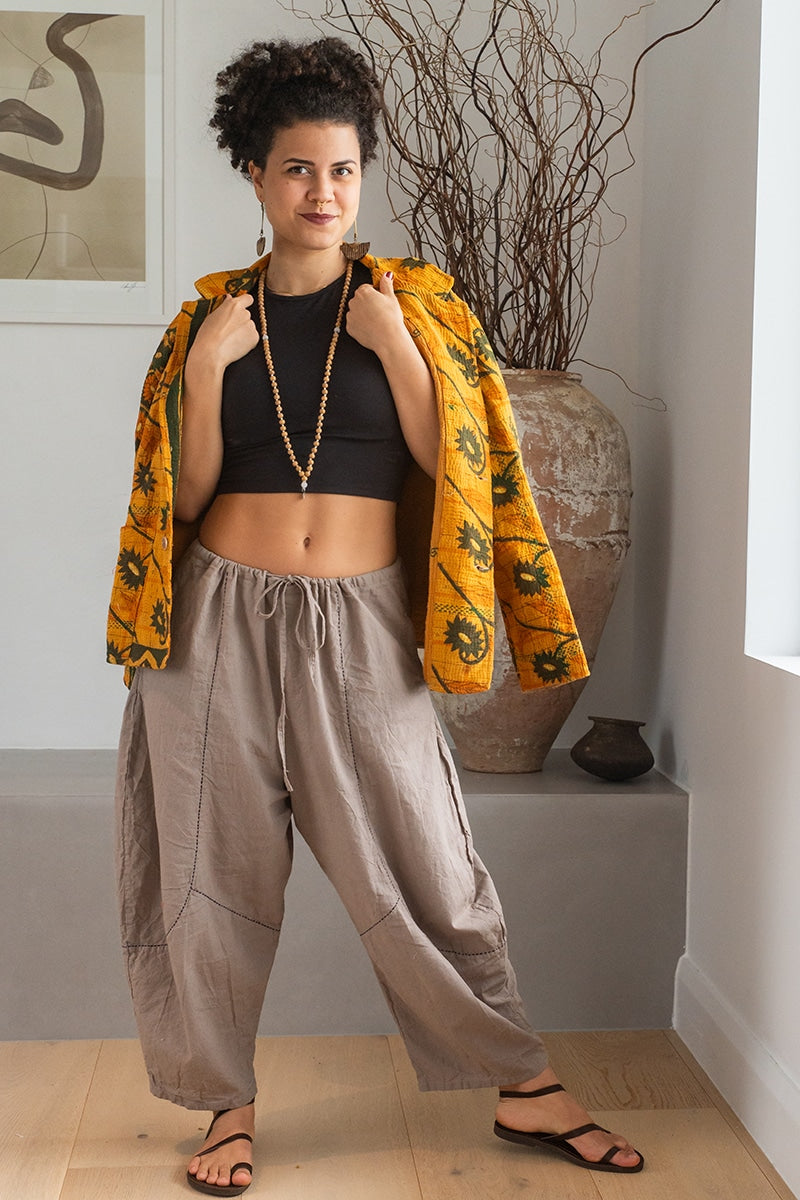 Womens Vintage Intrepid Kantha Jacket handmade from 100% cotton recycled fabrics in vibrant yellow Kiran