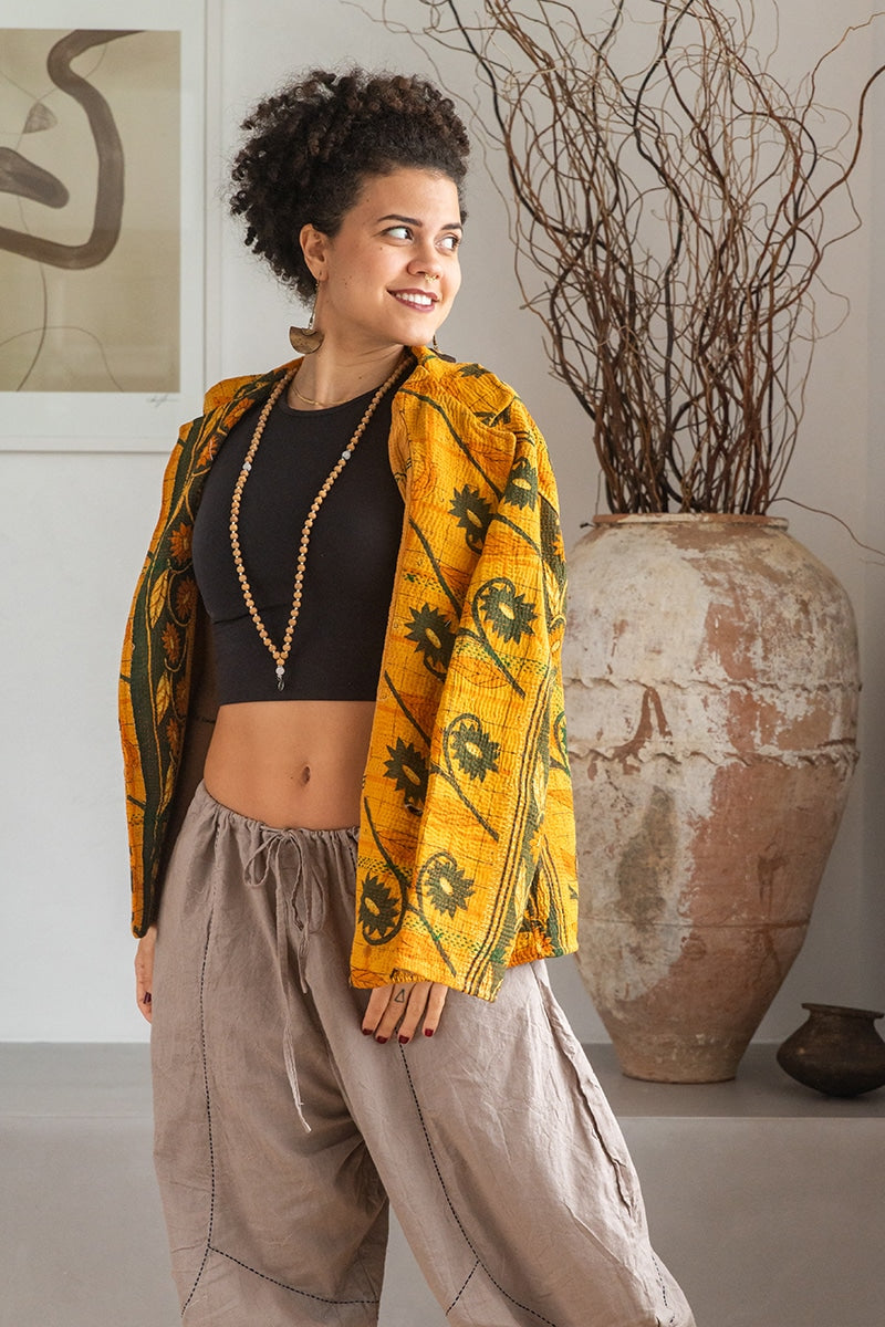 Womens Vintage Intrepid Kantha Jacket handmade from 100% cotton recycled fabrics in vibrant yellow Kiran