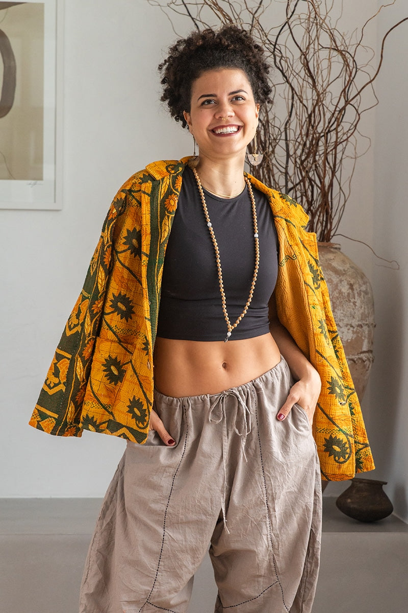 Womens Vintage Intrepid Kantha Jacket handmade from 100% cotton recycled fabrics in vibrant yellow Kiran