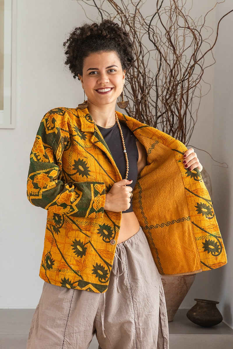 Womens Vintage Intrepid Kantha Jacket handmade from 100% cotton recycled fabrics in vibrant yellow Kiran